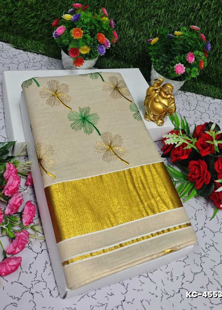 TRENDING KERALA SPECIAL FULL WORK EMBOSSED DIGITAL PRINTING TISSUE SAREE COLLECTIONS - GOLD (5)