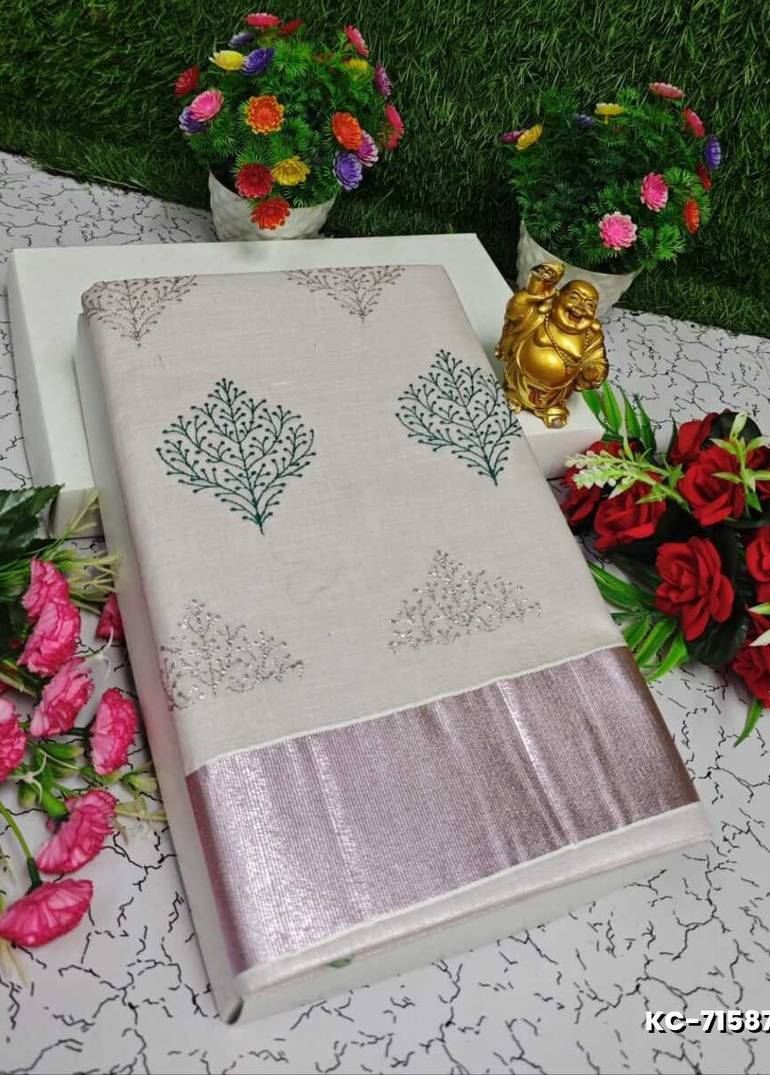 TRENDING KERALA SPECIAL FULL WORK EMBOSSED DIGITAL PRINTING TISSUE SAREE COLLECTIONS - IVORY COLOUR (24)