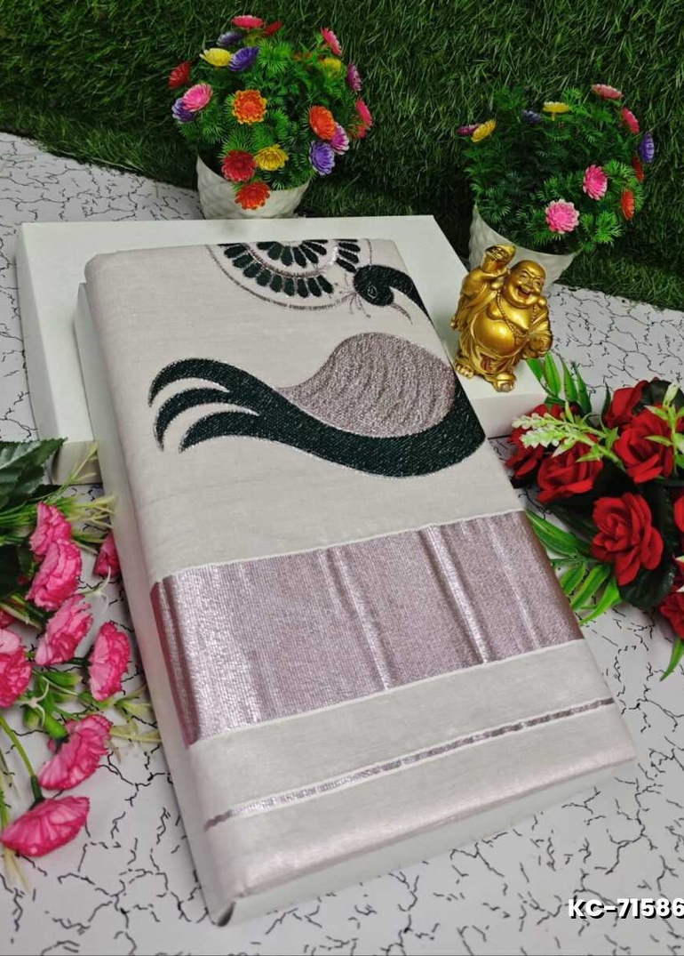 TRENDING KERALA SPECIAL FULL WORK EMBOSSED DIGITAL PRINTING TISSUE SAREE COLLECTIONS - BEIGE COLOUR (25)