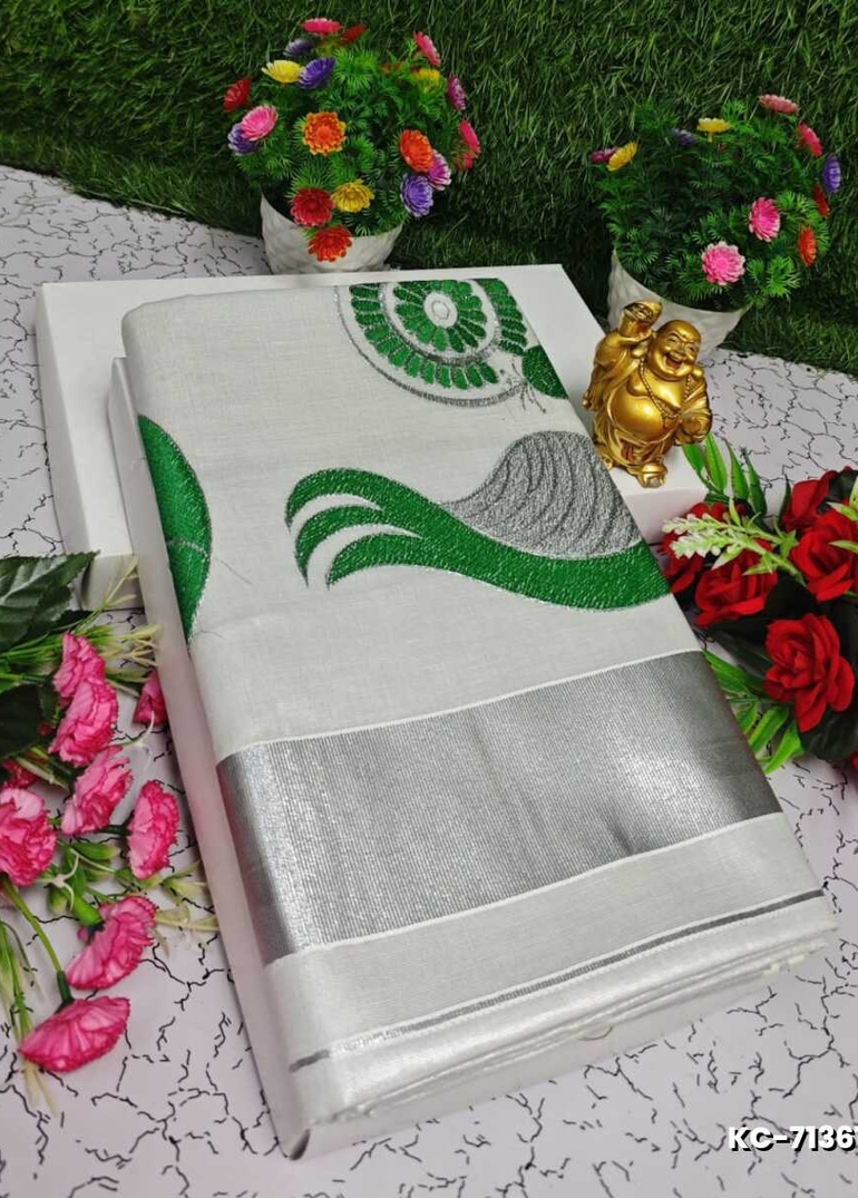 TRENDING KERALA SPECIAL FULL WORK EMBOSSED DIGITAL PRINTING TISSUE SAREE COLLECTIONS - SILVAR (11)