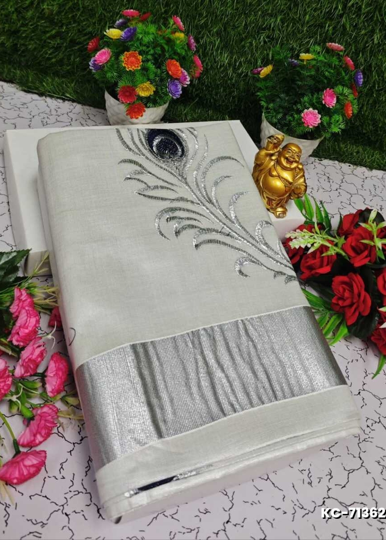 TRENDING KERALA SPECIAL FULL WORK EMBOSSED DIGITAL PRINTING TISSUE SAREE COLLECTIONS - WHITE (39)