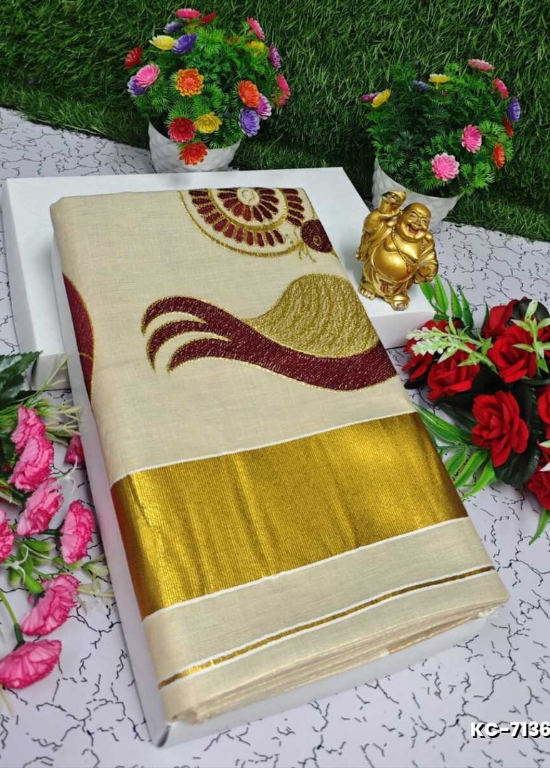 TRENDING KERALA SPECIAL FULL WORK EMBOSSED DIGITAL PRINTING TISSUE SAREE COLLECTIONS - GOLD (7)
