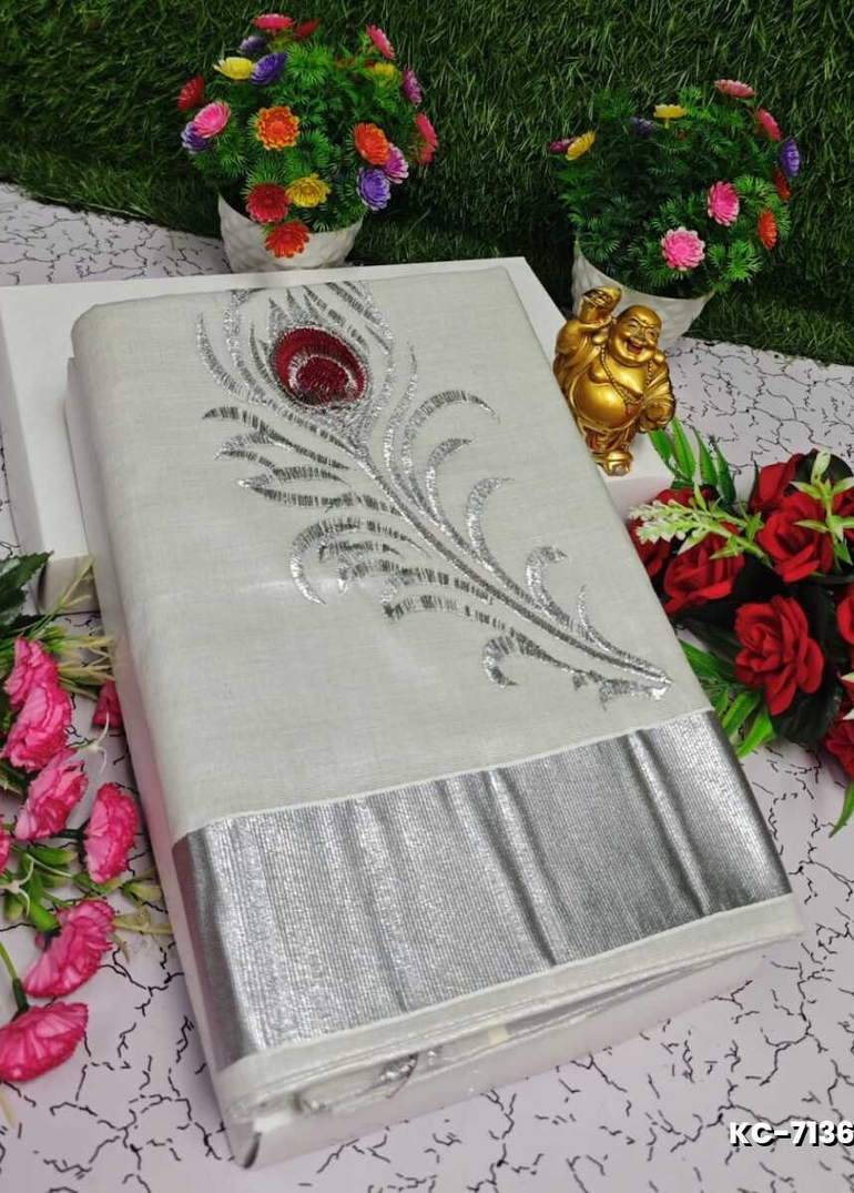 TRENDING KERALA SPECIAL FULL WORK EMBOSSED DIGITAL PRINTING TISSUE SAREE COLLECTIONS - IVORY COLOUR (25)