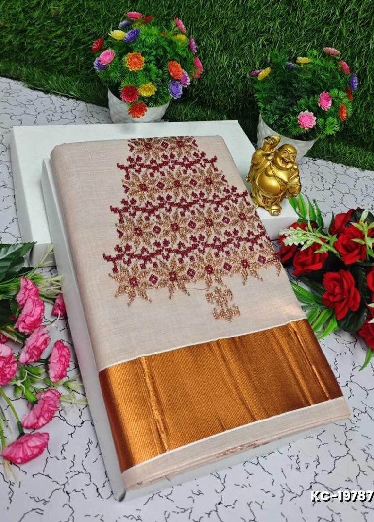 TRENDING KERALA SPECIAL FULL WORK EMBOSSED DIGITAL PRINTING TISSUE SAREE COLLECTIONS - IVORY COLOUR (26)