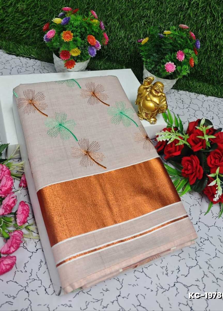 TRENDING KERALA SPECIAL FULL WORK EMBOSSED DIGITAL PRINTING TISSUE SAREE COLLECTIONS - BEIGE COLOUR (27)
