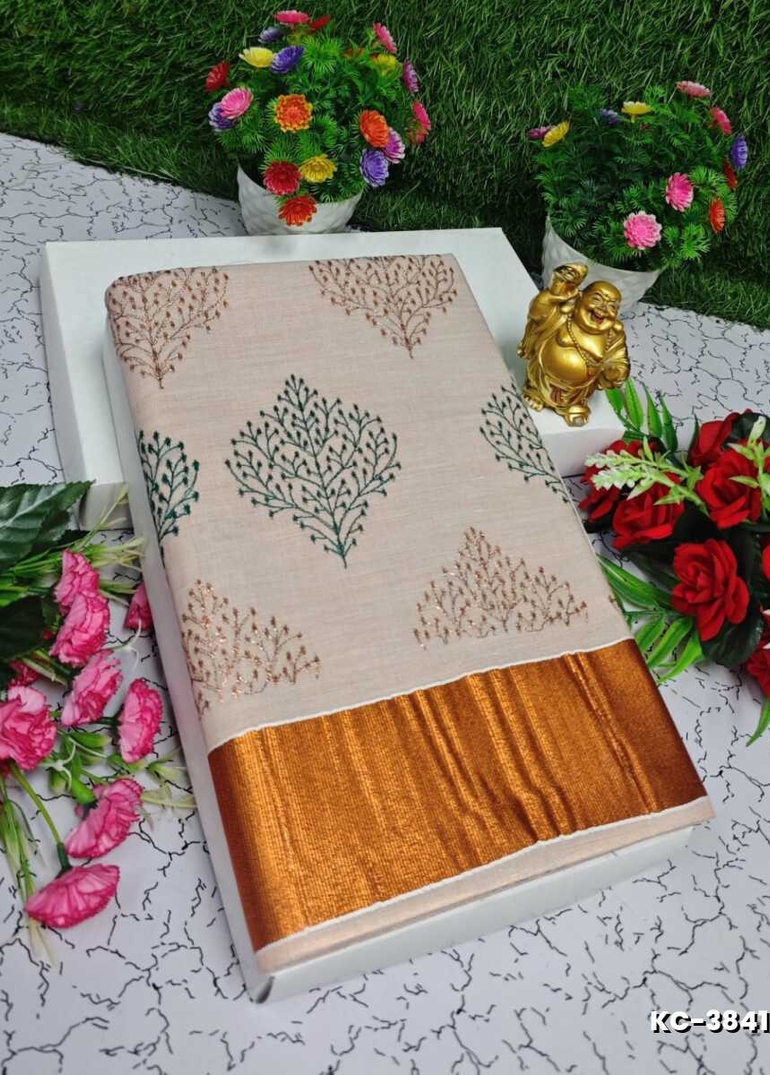 TRENDING KERALA SPECIAL FULL WORK EMBOSSED DIGITAL PRINTING TISSUE SAREE COLLECTIONS - LIGHT SANDLE
