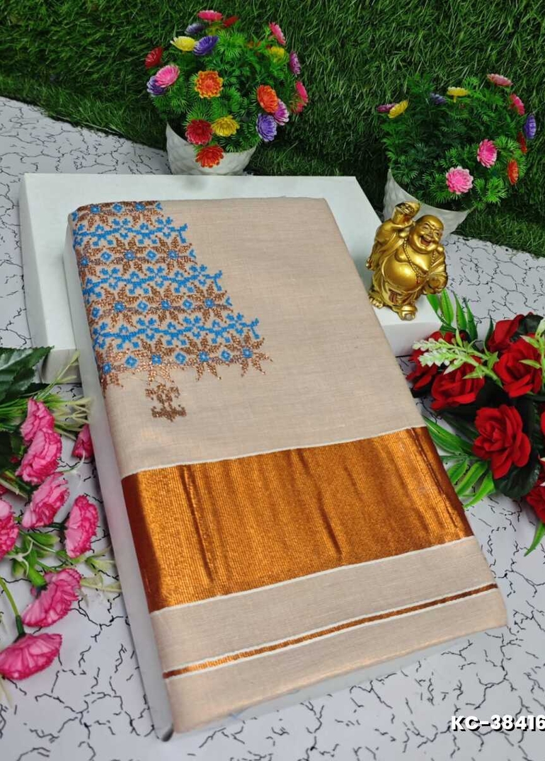 TRENDING KERALA SPECIAL FULL WORK EMBOSSED DIGITAL PRINTING TISSUE SAREE COLLECTIONS - BEIGE COLOUR (28)