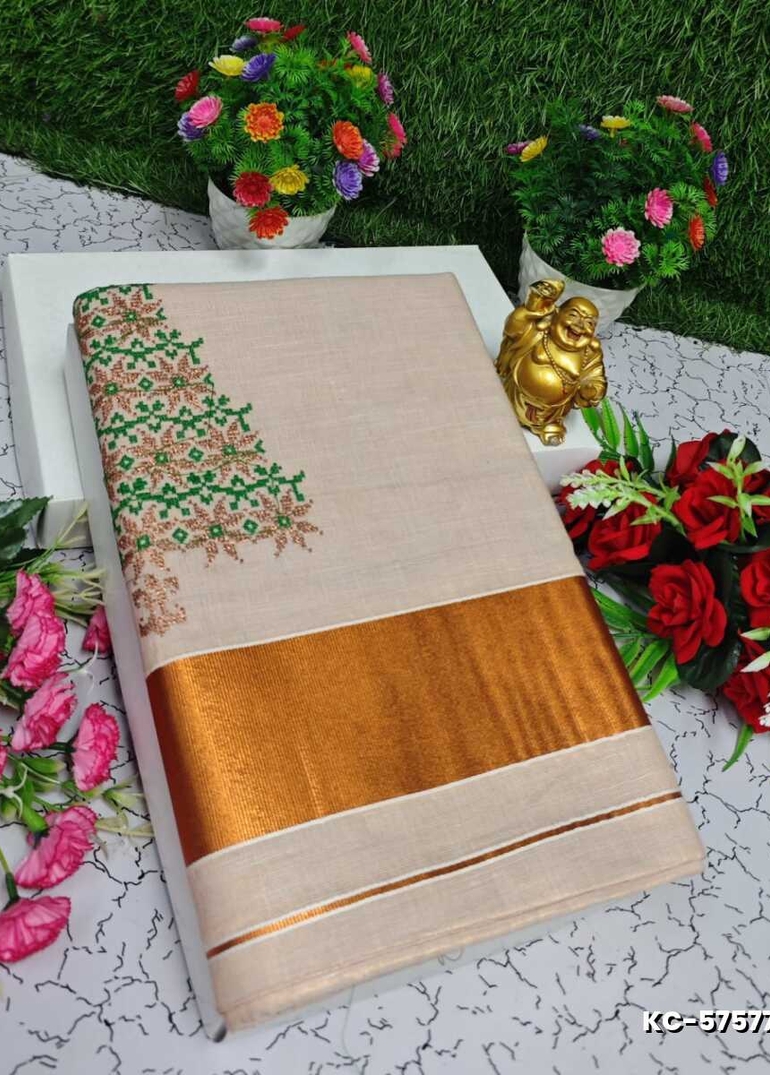 TRENDING KERALA SPECIAL FULL WORK EMBOSSED DIGITAL PRINTING TISSUE SAREE COLLECTIONS - PEACH COLOUR (3)