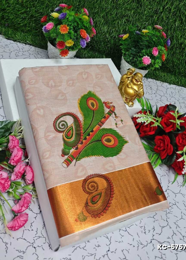 TRENDING KERALA SPECIAL FULL WORK EMBOSSED DIGITAL PRINTING TISSUE SAREE COLLECTIONS - LIGHT SANDLE (1)