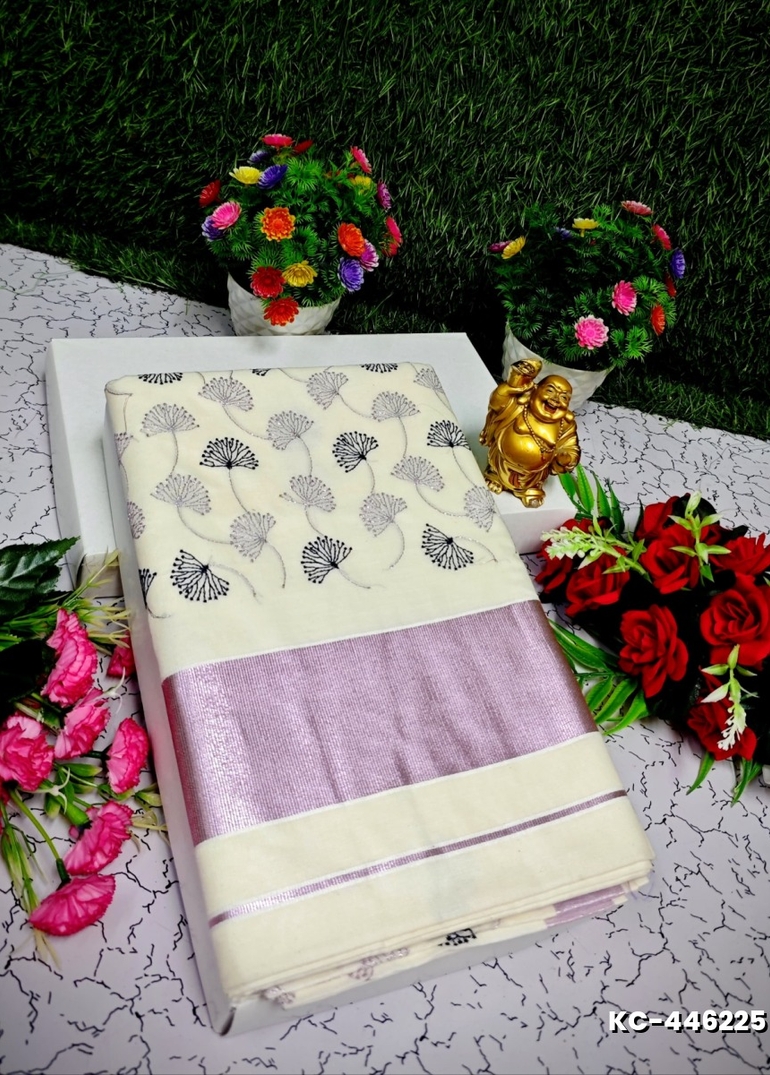 TRENDING KERALA SPECIAL FULL WORK EMBOSSED DIGITAL PRINTING  COTTON SAREE COLLECTIONS - WHITE (40)