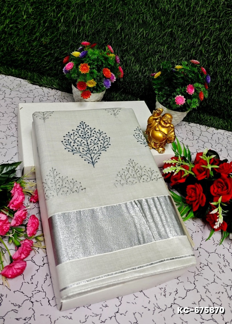 TRENDING KERALA SPECIAL FULL WORK EMBOSSED DIGITAL PRINTING TISSUE SAREE COLLECTIONS - IVORY COLOUR (3)