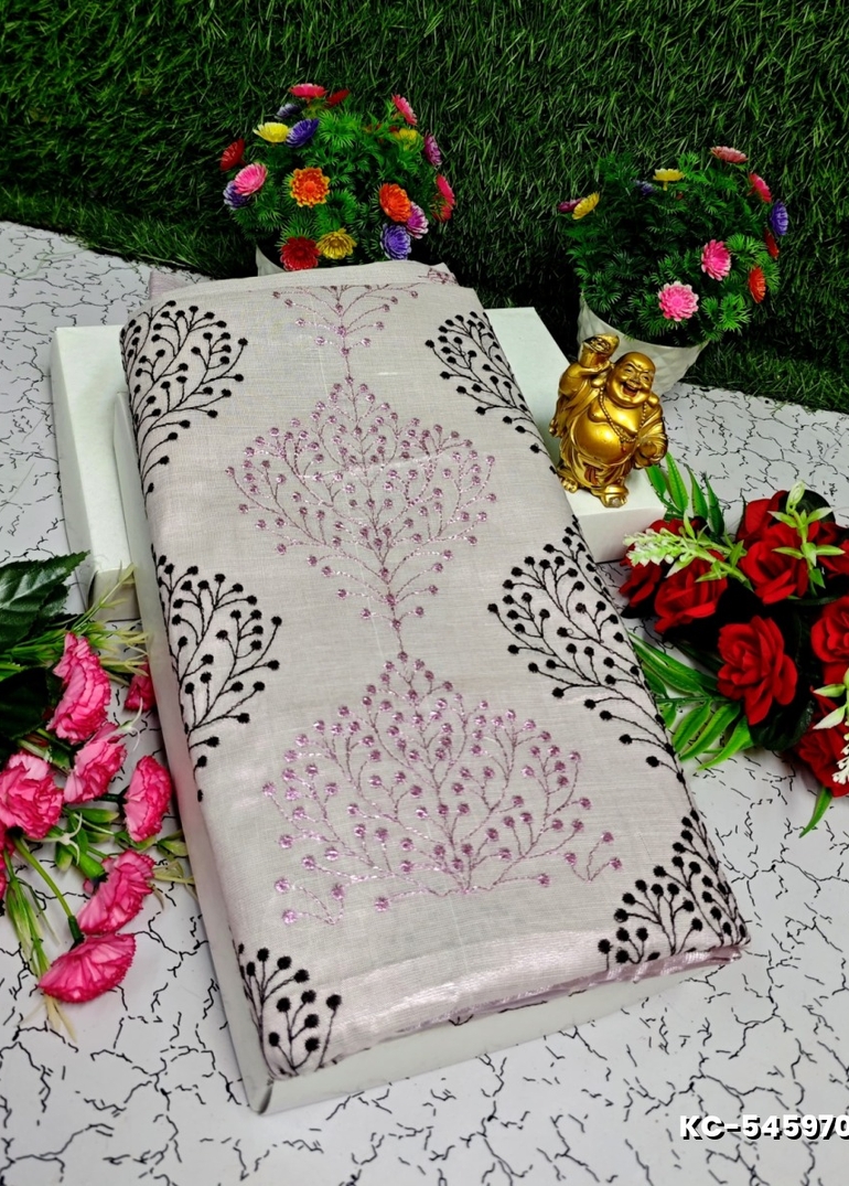 TRENDING KERALA SPECIAL FULL WORK EMBOSSED DIGITAL PRINTING TISSUE SAREE COLLECTIONS - IVORY COLOUR (10)