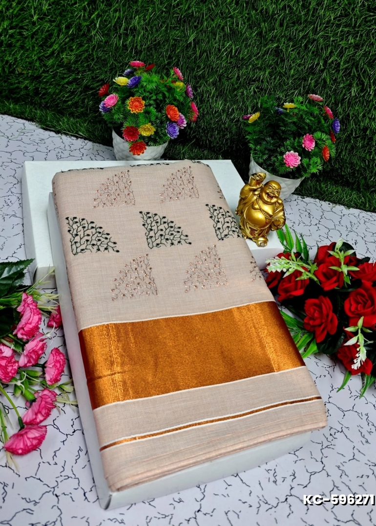 TRENDING KERALA SPECIAL FULL WORK EMBOSSED DIGITAL PRINTING TISSUE SAREE COLLECTIONS - PEACH COLOUR (7)