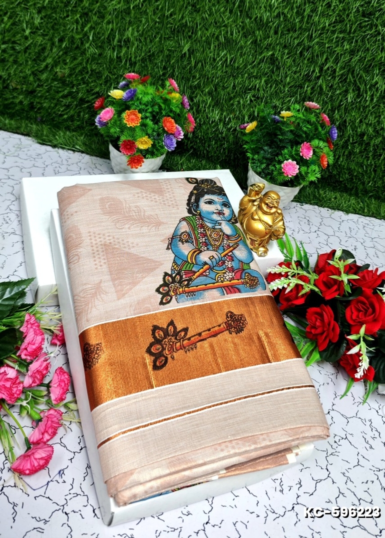 TRENDING KERALA SPECIAL FULL WORK EMBOSSED DIGITAL PRINTING TISSUE SAREE COLLECTIONS - LIGHT SANDLE (5)