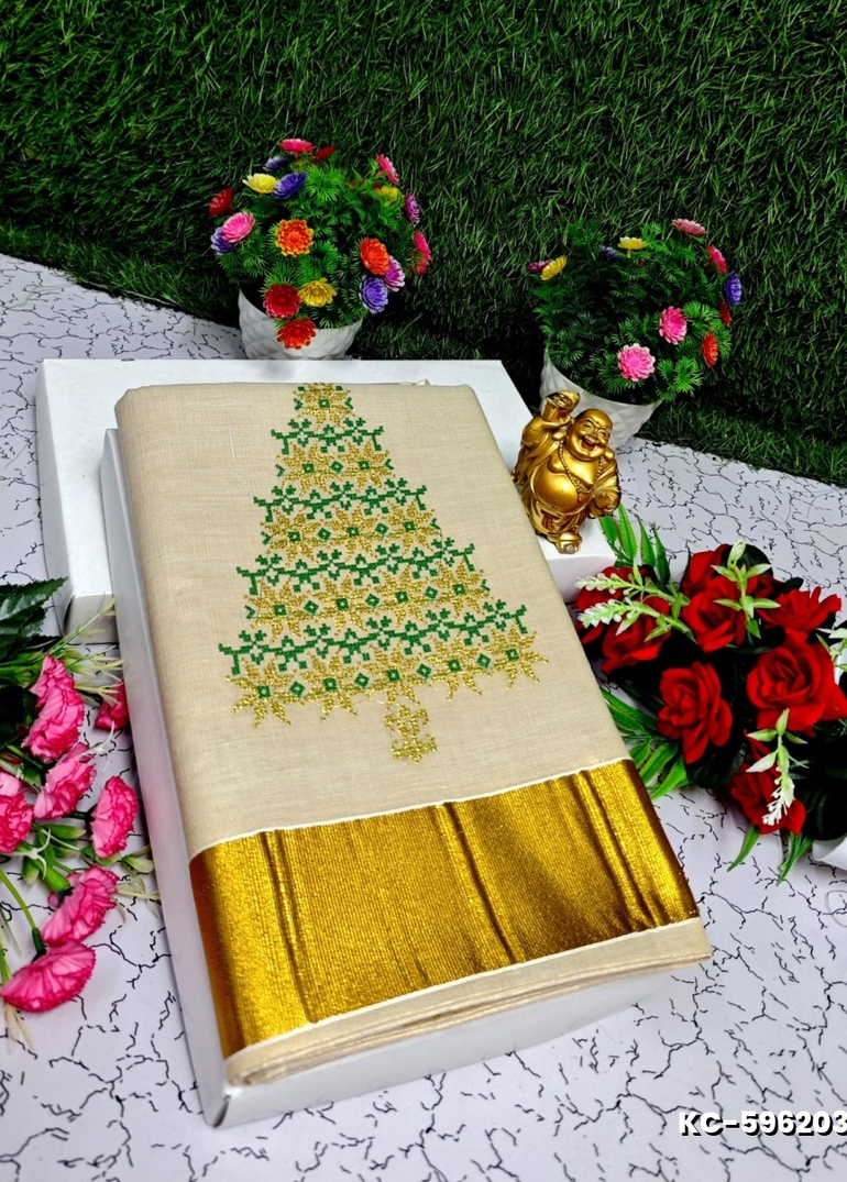 TRENDING KERALA SPECIAL FULL WORK EMBOSSED DIGITAL PRINTING TISSUE SAREE COLLECTIONS - GOLD (11)