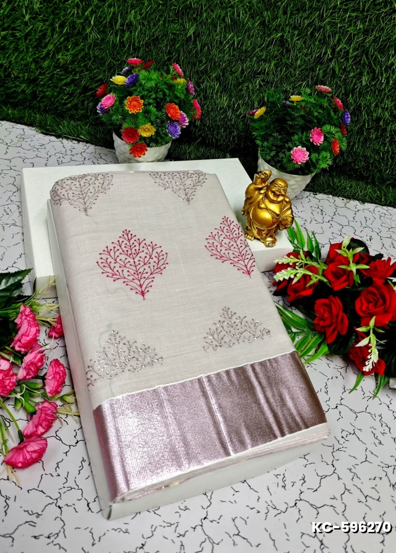 TRENDING KERALA SPECIAL FULL WORK EMBOSSED DIGITAL PRINTING TISSUE SAREE COLLECTIONS - IVORY COLOUR (30)