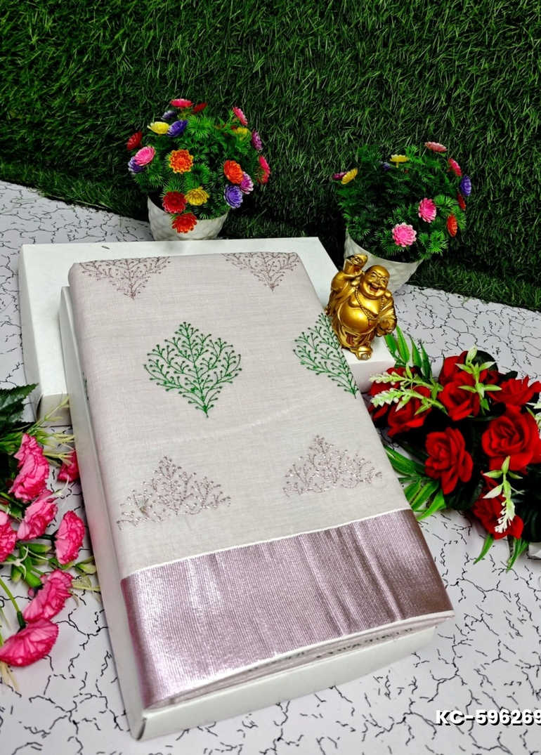 TRENDING KERALA SPECIAL FULL WORK EMBOSSED DIGITAL PRINTING TISSUE SAREE COLLECTIONS - BEIGE COLOUR (32)