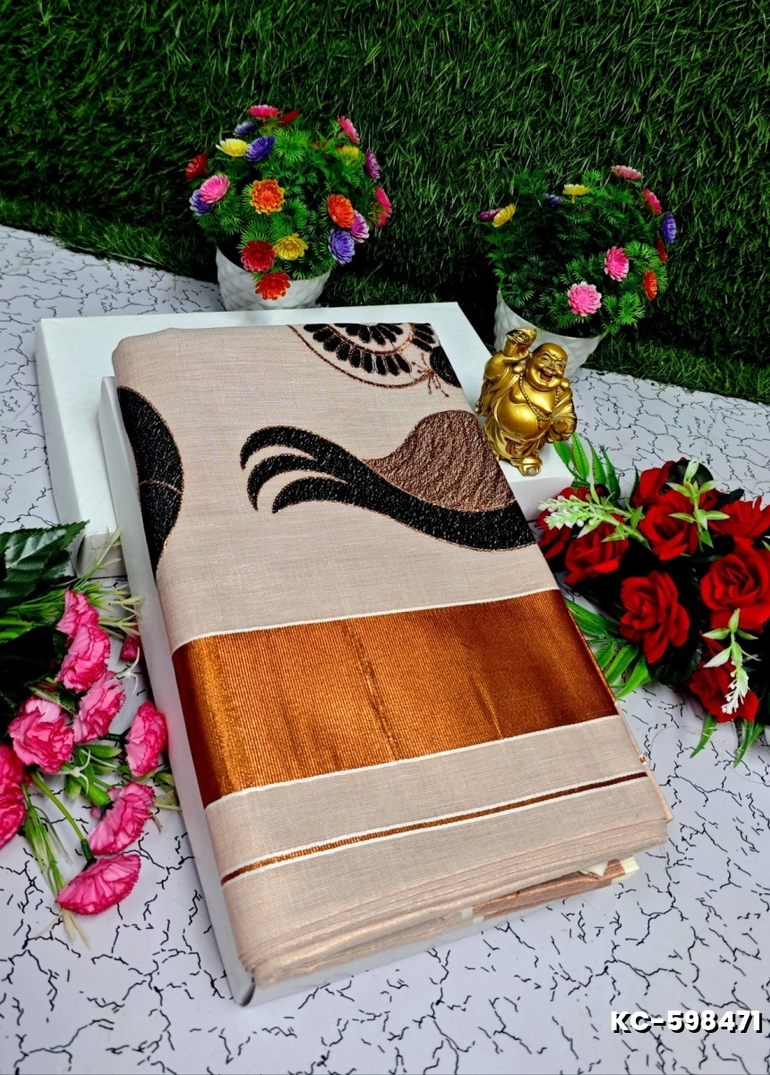 TRENDING KERALA SPECIAL FULL WORK EMBOSSED DIGITAL PRINTING TISSUE SAREE COLLECTIONS - PEACH COLOUR (6)