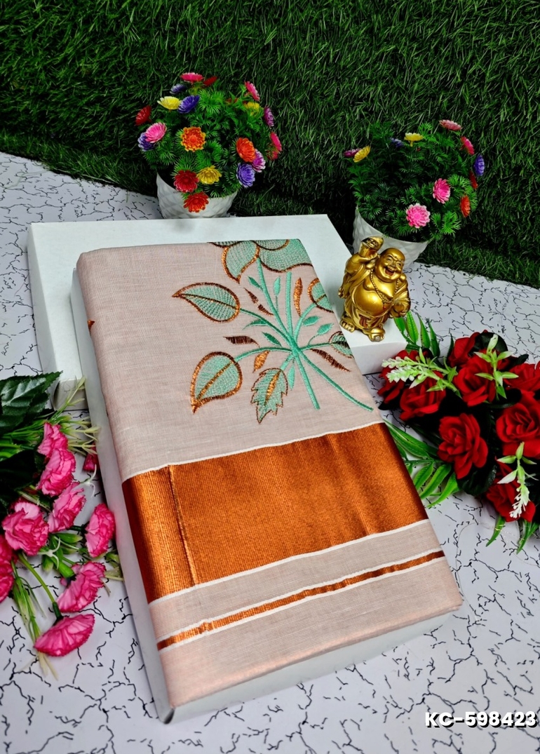 TRENDING KERALA SPECIAL FULL WORK EMBOSSED DIGITAL PRINTING TISSUE SAREE COLLECTIONS - LIGHT SANDLE (4)