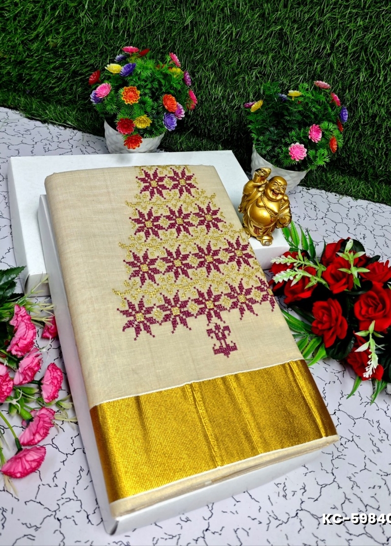 TRENDING KERALA SPECIAL FULL WORK EMBOSSED DIGITAL PRINTING TISSUE SAREE COLLECTIONS - GOLD (10)