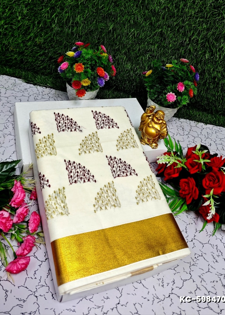 TRENDING KERALA SPECIAL FULL WORK EMBOSSED DIGITAL PRINTING COTTON  SAREE COLLECTIONS - IVORY COLOUR (29)