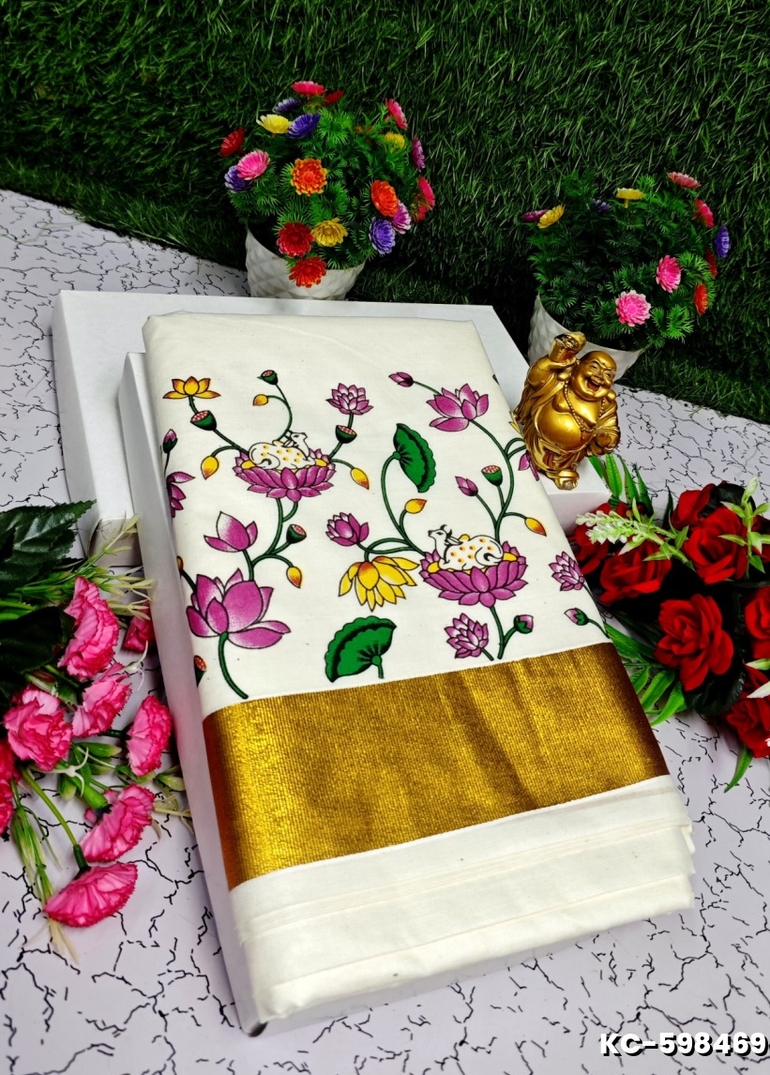 TRENDING KERALA SPECIAL FULL WORK EMBOSSED DIGITAL PRINTING COTTON  SAREE COLLECTIONS - BEIGE COLOUR (31)