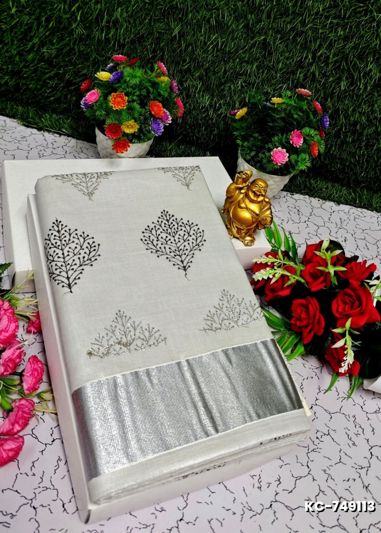TRENDING KERALA SPECIAL FULL WORK EMBOSSED DIGITAL PRINTING TISSUE SAREE COLLECTIONS - SILVAR (13)