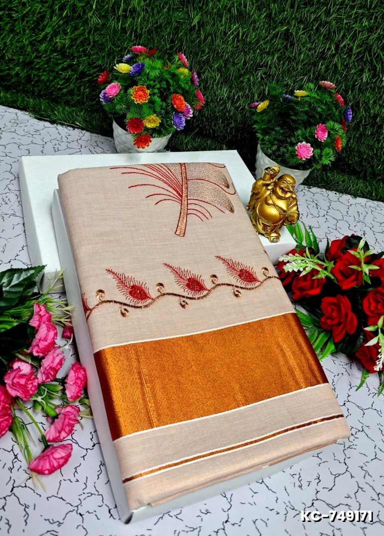 TRENDING KERALA SPECIAL FULL WORK EMBOSSED DIGITAL PRINTING TISSUE SAREE COLLECTIONS - PEACH COLOUR (5)