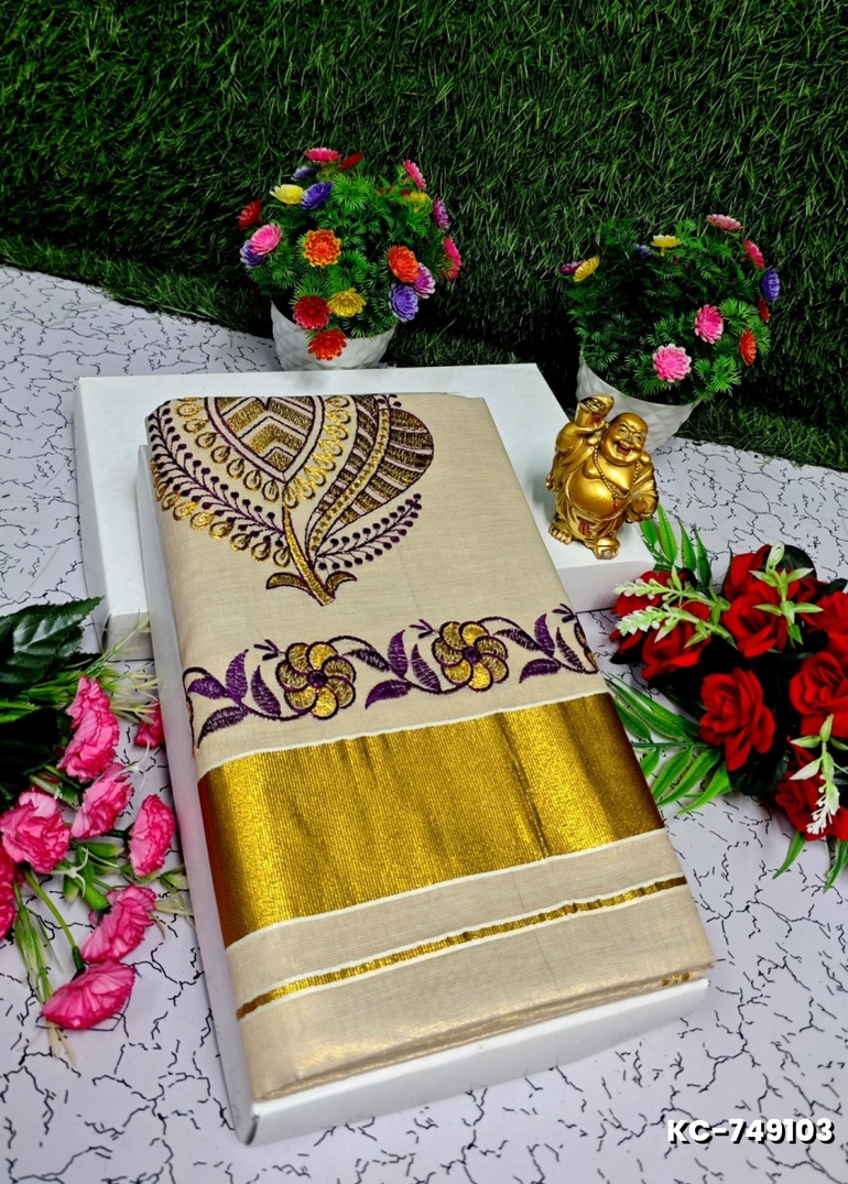 TRENDING KERALA SPECIAL FULL WORK EMBOSSED DIGITAL PRINTING TISSUE SAREE COLLECTIONS - GOLD (9)