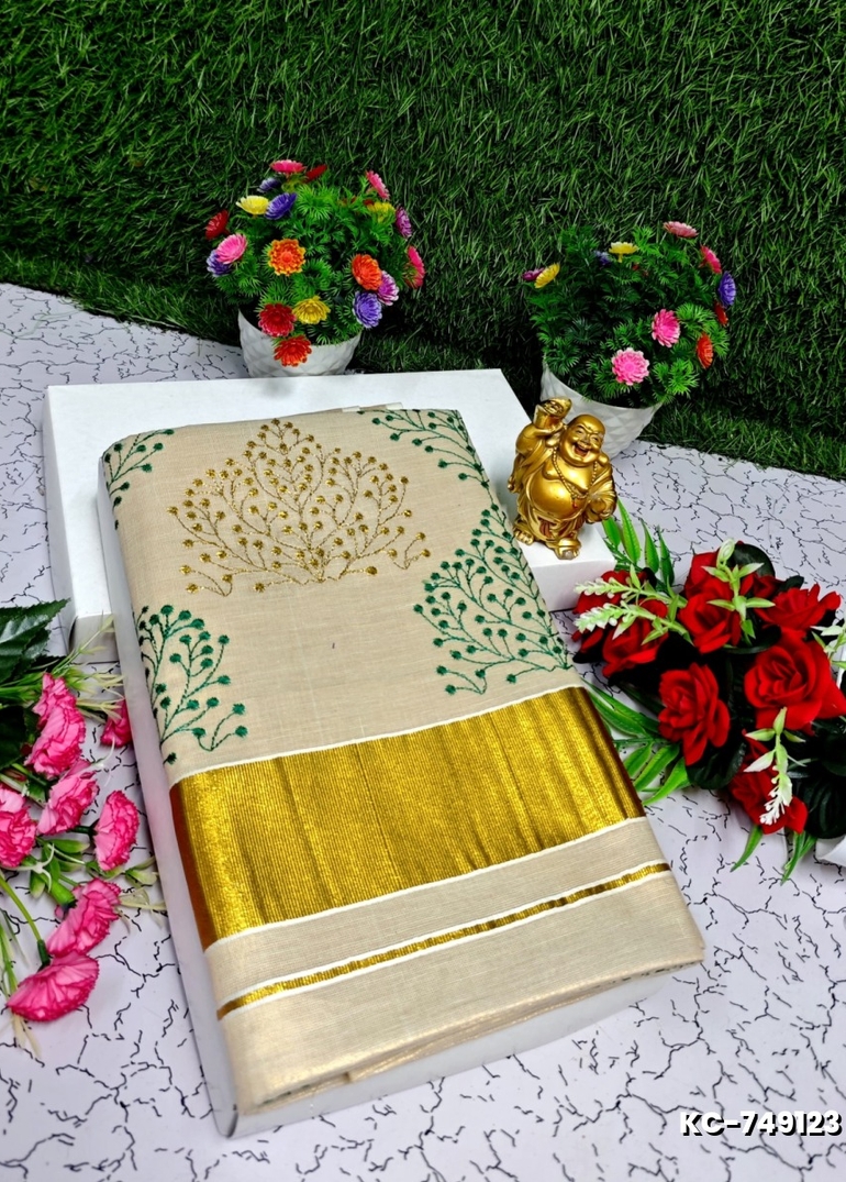 TRENDING KERALA SPECIAL FULL WORK EMBOSSED DIGITAL PRINTING TISSUE SAREE COLLECTIONS - LIGHT SANDLE (3)