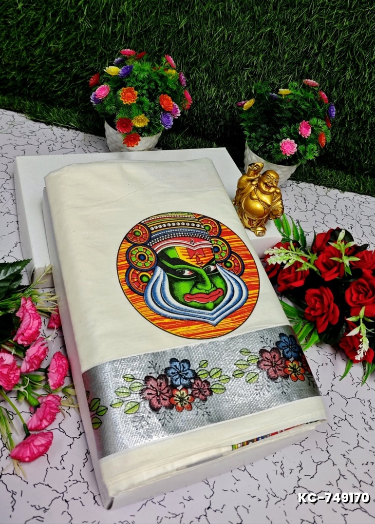 TRENDING KERALA SPECIAL FULL WORK EMBOSSED DIGITAL PRINTING  COTTON SAREE COLLECTIONS - IVORY COLOUR (28)