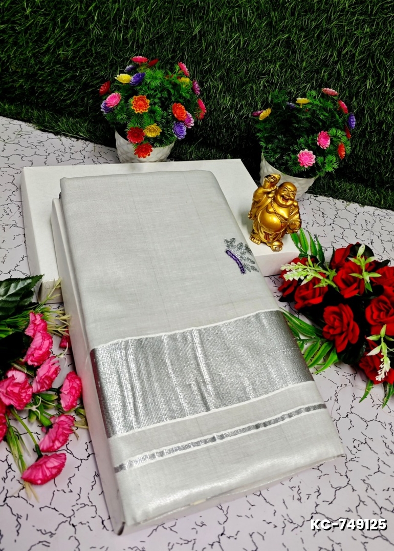 TRENDING KERALA SPECIAL FULL WORK EMBOSSED DIGITAL PRINTING TISSUE SAREE COLLECTIONS - WHITE (41)