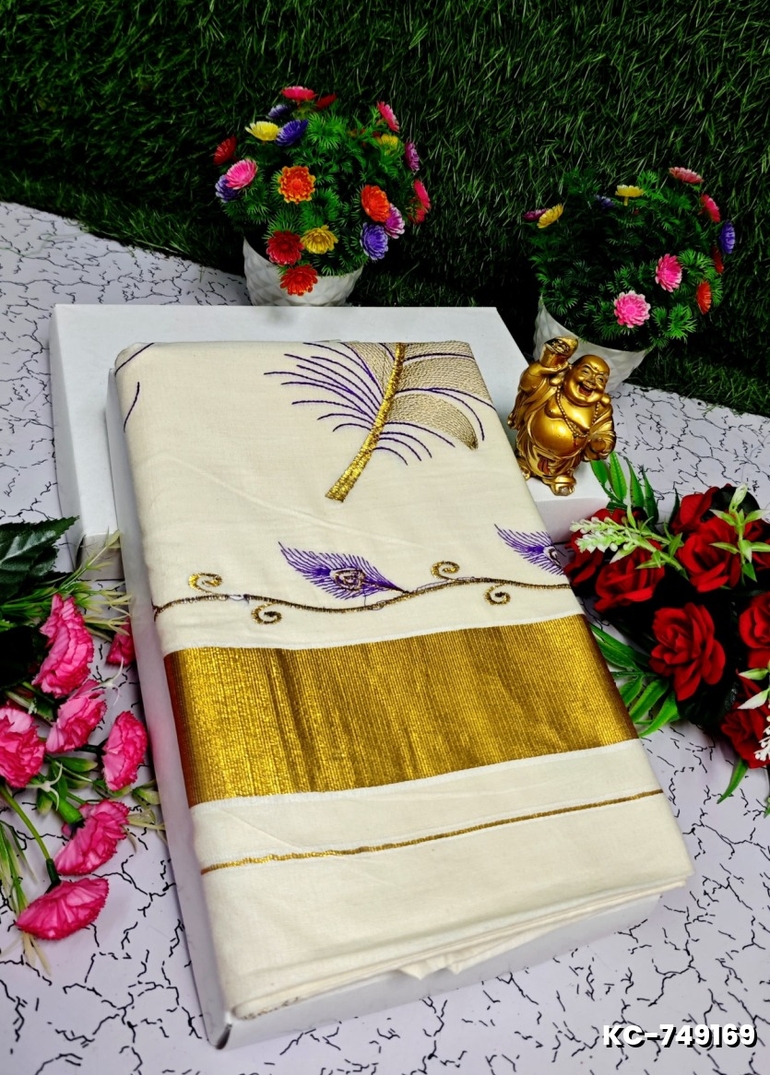 TRENDING KERALA SPECIAL FULL WORK EMBOSSED DIGITAL PRINTING COTTON SAREE COLLECTIONS - BEIGE COLOUR (30)