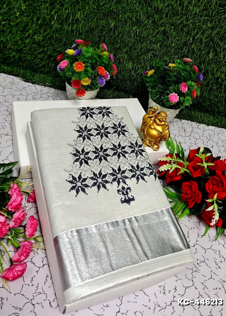 TRENDING KERALA SPECIAL FULL WORK EMBOSSED DIGITAL PRINTING TISSUE SAREE COLLECTIONS - SILVAR (12)