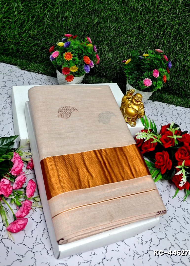 TRENDING KERALA SPECIAL FULL WORK EMBOSSED DIGITAL PRINTING TISSUE SAREE COLLECTIONS - PEACH COLOUR (4)