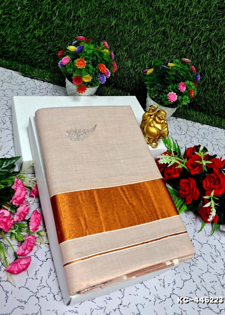 TRENDING KERALA SPECIAL FULL WORK EMBOSSED DIGITAL PRINTING TISSUE SAREE COLLECTIONS - LIGHT SANDLE (2)