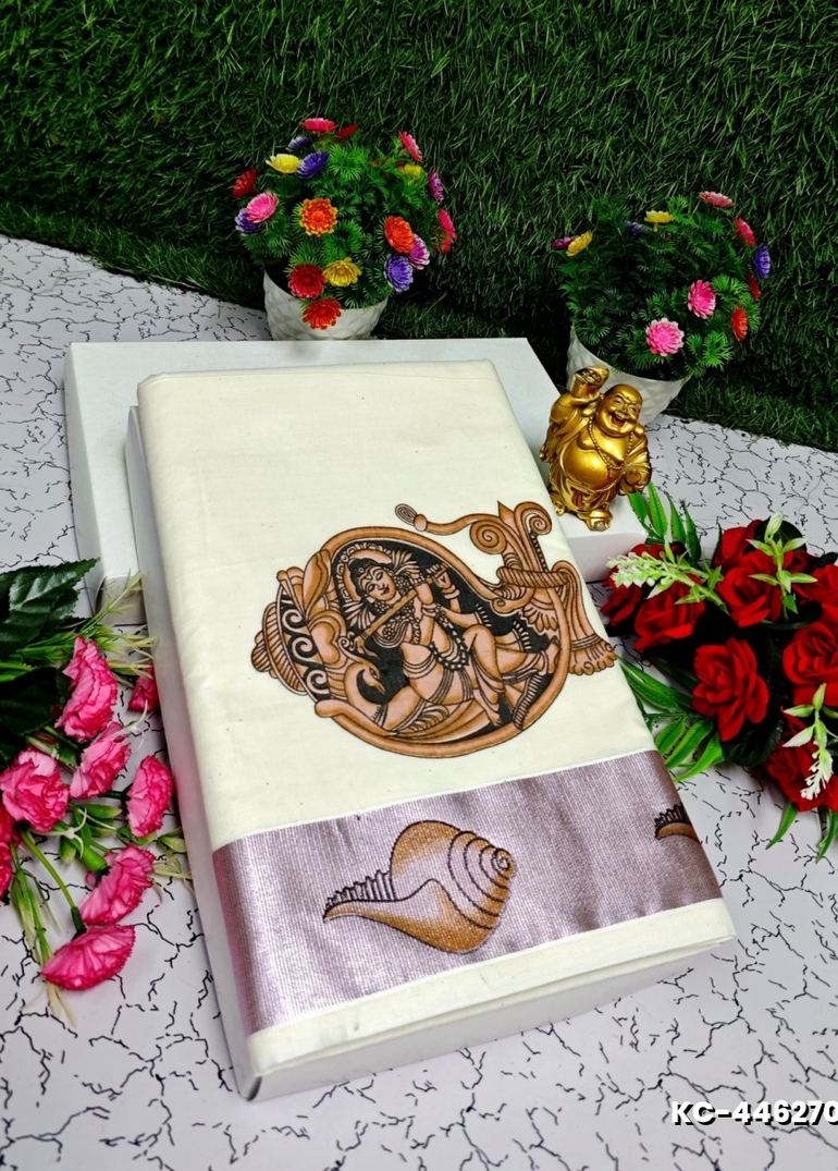 TRENDING KERALA SPECIAL FULL WORK EMBOSSED DIGITAL PRINTING COTTON SAREE COLLECTIONS - IVORY COLOUR (27)