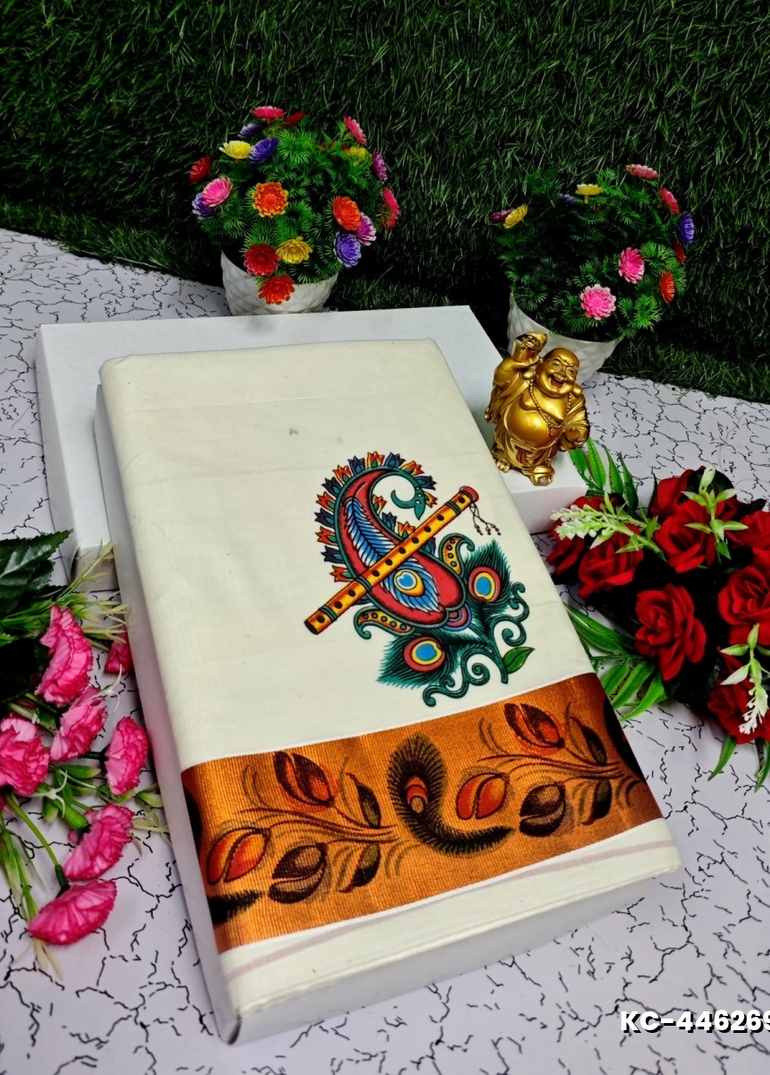 TRENDING KERALA SPECIAL FULL WORK EMBOSSED DIGITAL PRINTING COTTON SAREE COLLECTIONS - BEIGE COLOUR (29)