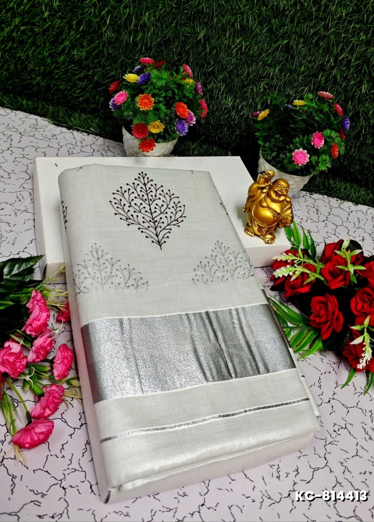 TRENDING KERALA SPECIAL FULL WORK EMBOSSED DIGITAL PRINTING TISSUE SAREE COLLECTIONS - SILVAR (16)