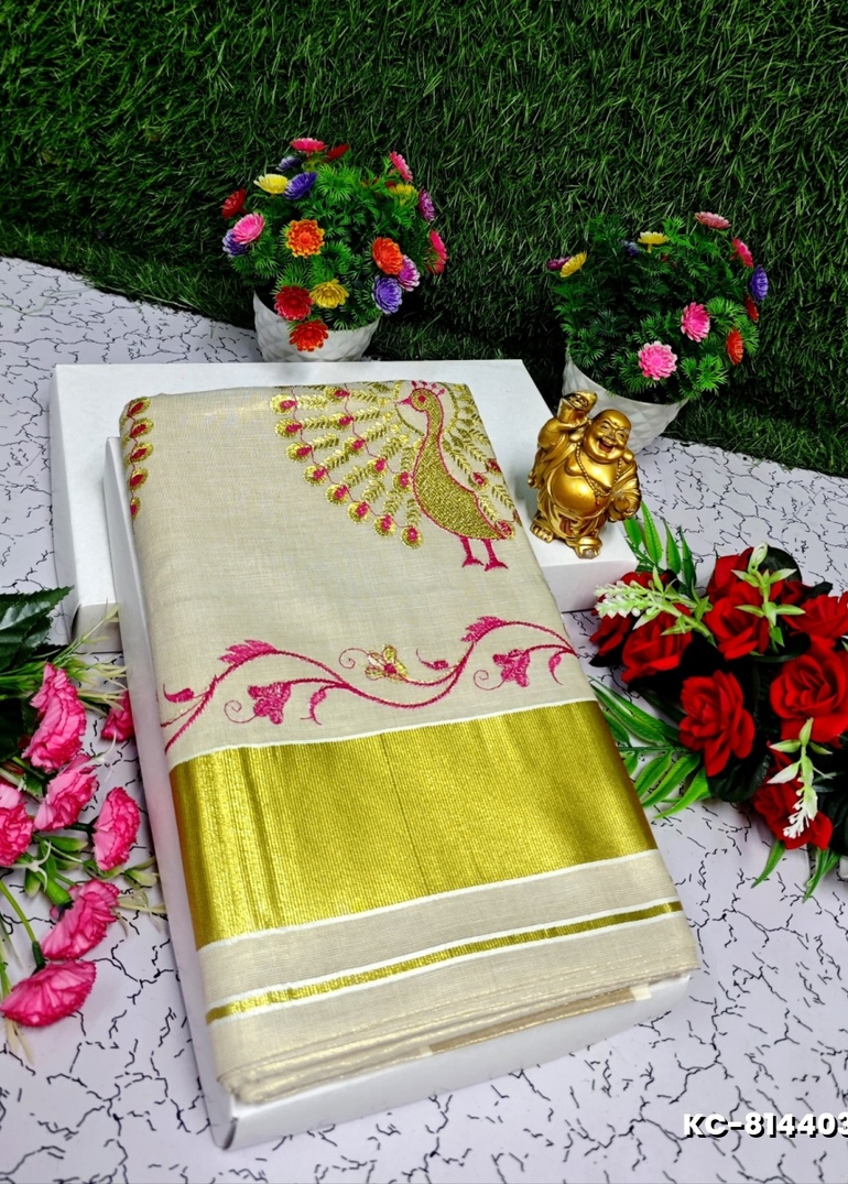 TRENDING KERALA SPECIAL FULL WORK EMBOSSED DIGITAL PRINTING TISSUE SAREE COLLECTIONS - GOLD (12)