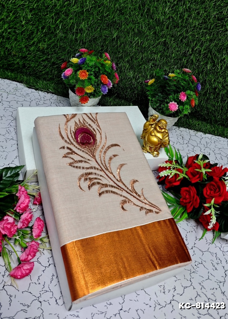 TRENDING KERALA SPECIAL FULL WORK EMBOSSED DIGITAL PRINTING TISSUE SAREE COLLECTIONS - LIGHT SANDLE (6)