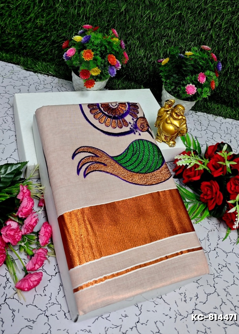 TRENDING KERALA SPECIAL FULL WORK EMBOSSED DIGITAL PRINTING TISSUE SAREE COLLECTIONS - PEACH COLOUR (8)