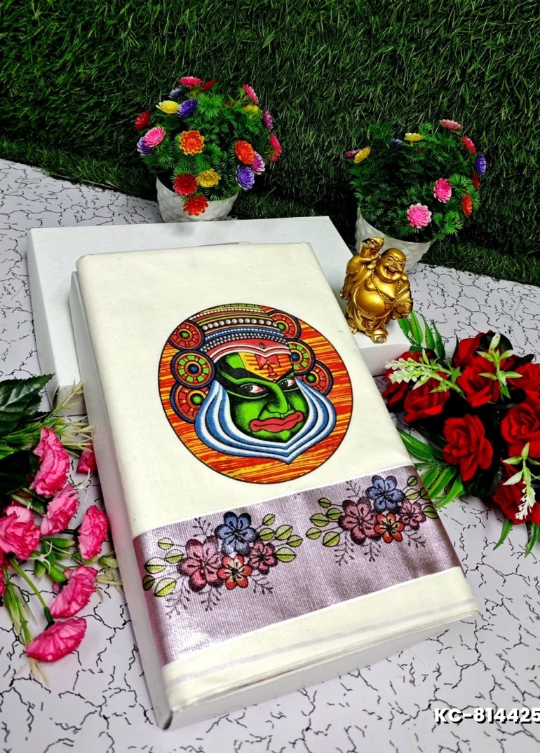 TRENDING KERALA SPECIAL FULL WORK EMBOSSED DIGITAL PRINTING COTTON SAREE COLLECTIONS - WHITE (44)