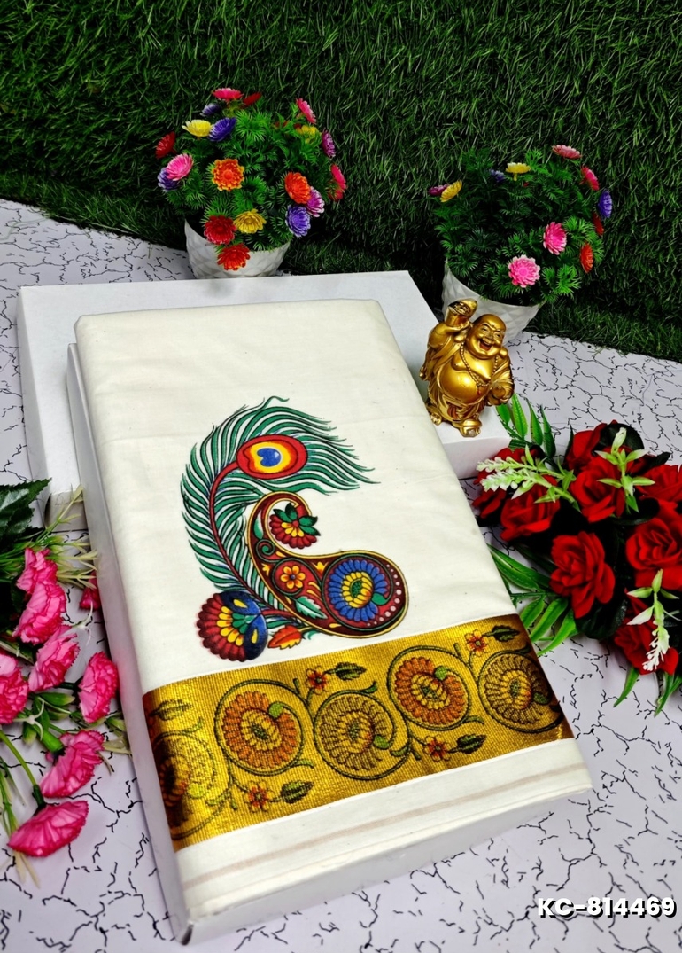 TRENDING KERALA SPECIAL FULL WORK EMBOSSED DIGITAL PRINTING COTTON  SAREE COLLECTIONS - BEIGE COLOUR (33)