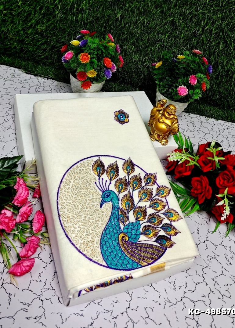 TRENDING KERALA SPECIAL FULL WORK EMBOSSED DIGITAL PRINTING COTTON SAREE COLLECTIONS - IVORY COLOUR (32)