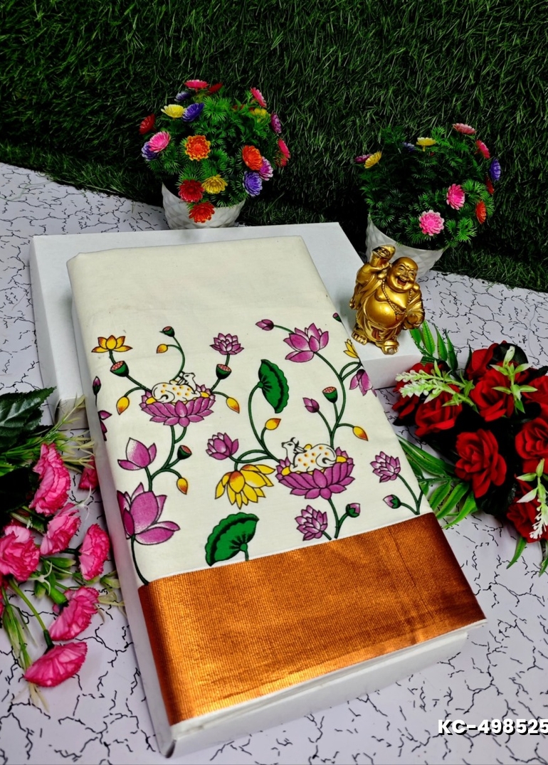 TRENDING KERALA SPECIAL FULL WORK EMBOSSED DIGITAL PRINTING COTTON SAREE COLLECTIONS - WHITE (46)