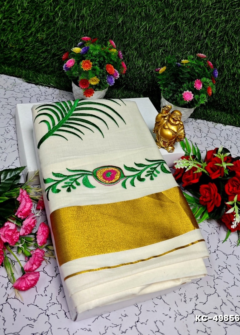 TRENDING KERALA SPECIAL FULL WORK EMBOSSED DIGITAL PRINTING COTTON SAREE COLLECTIONS- BEIGE COLOUR (35)