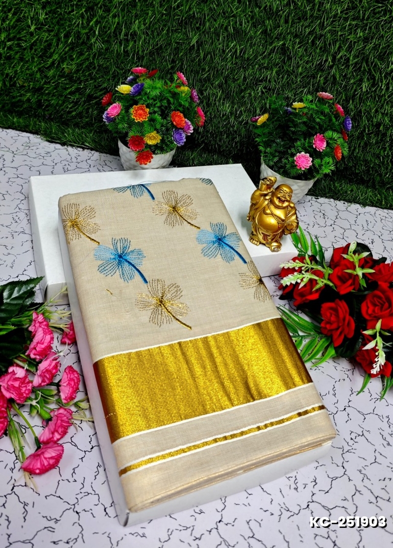 TRENDING KERALA SPECIAL FULL WORK EMBOSSED DIGITAL PRINTING TISSUE SAREE COLLECTIONS - GOLD (13)