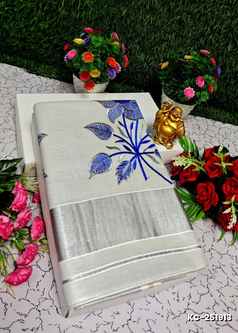 TRENDING KERALA SPECIAL FULL WORK EMBOSSED DIGITAL PRINTING TISSUE SAREE COLLECTIONS - SILVAR (17)