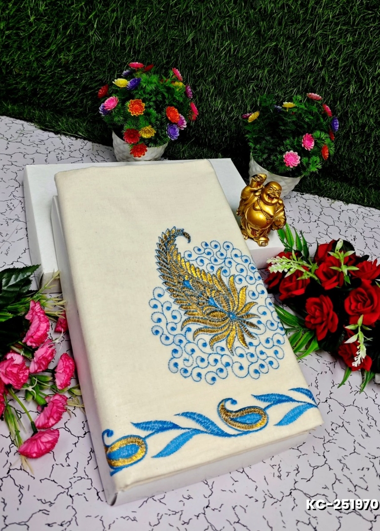 TRENDING KERALA SPECIAL FULL WORK EMBOSSED DIGITAL PRINTING COTTON SAREE COLLECTIONS - IVORY COLOUR (31)